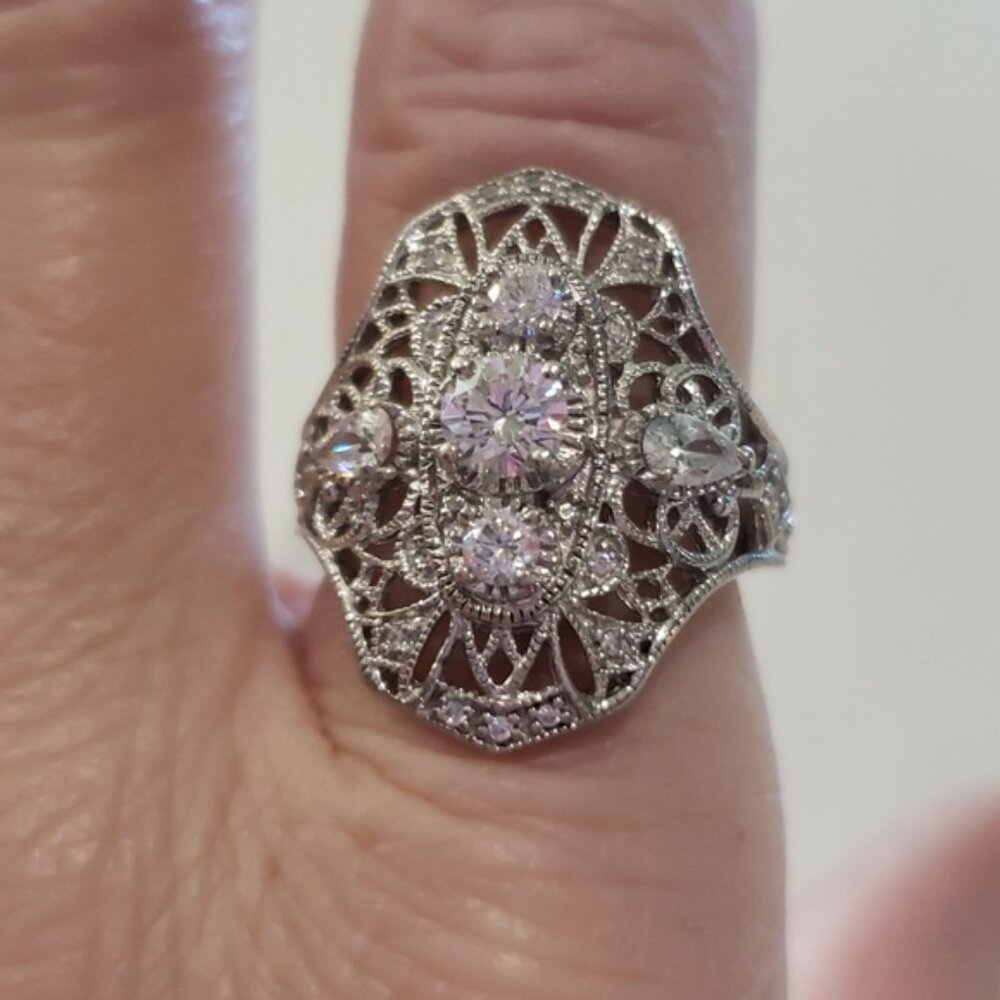 Retro 1920's Vintage Style Filigree 925 Anniversary Ring Unique Long Ring - Picture 4 of 7